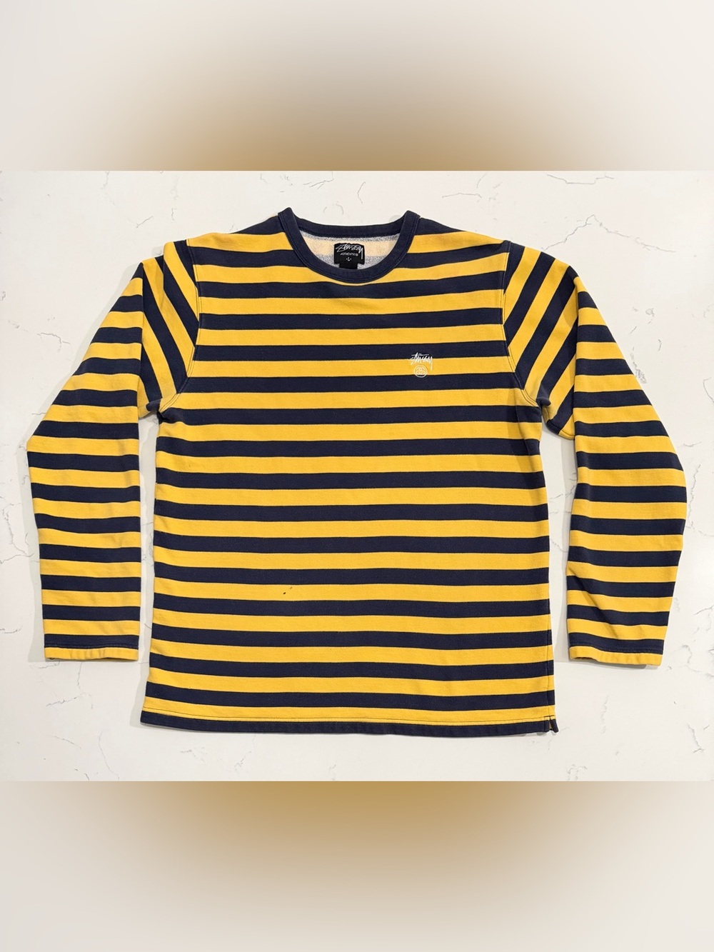 Stussy Striped Crewneck Shirt Mens L Yellow Navy Long Sleeve